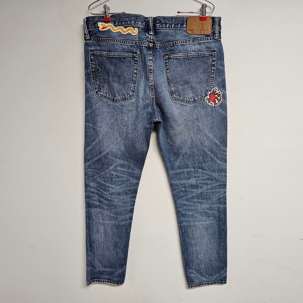 American Eagle x Keith Haring Jeans Mens Blue Slim Fit Embroidered Patches 36x34 - Picture 4 of 5